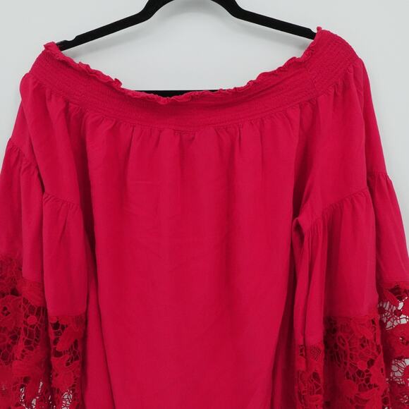 Lane Bryant Top Womens‎ 18/20 Red Off Shoulder Lace Bell Sleeve Smocked Stretch - Picture 6 of 13